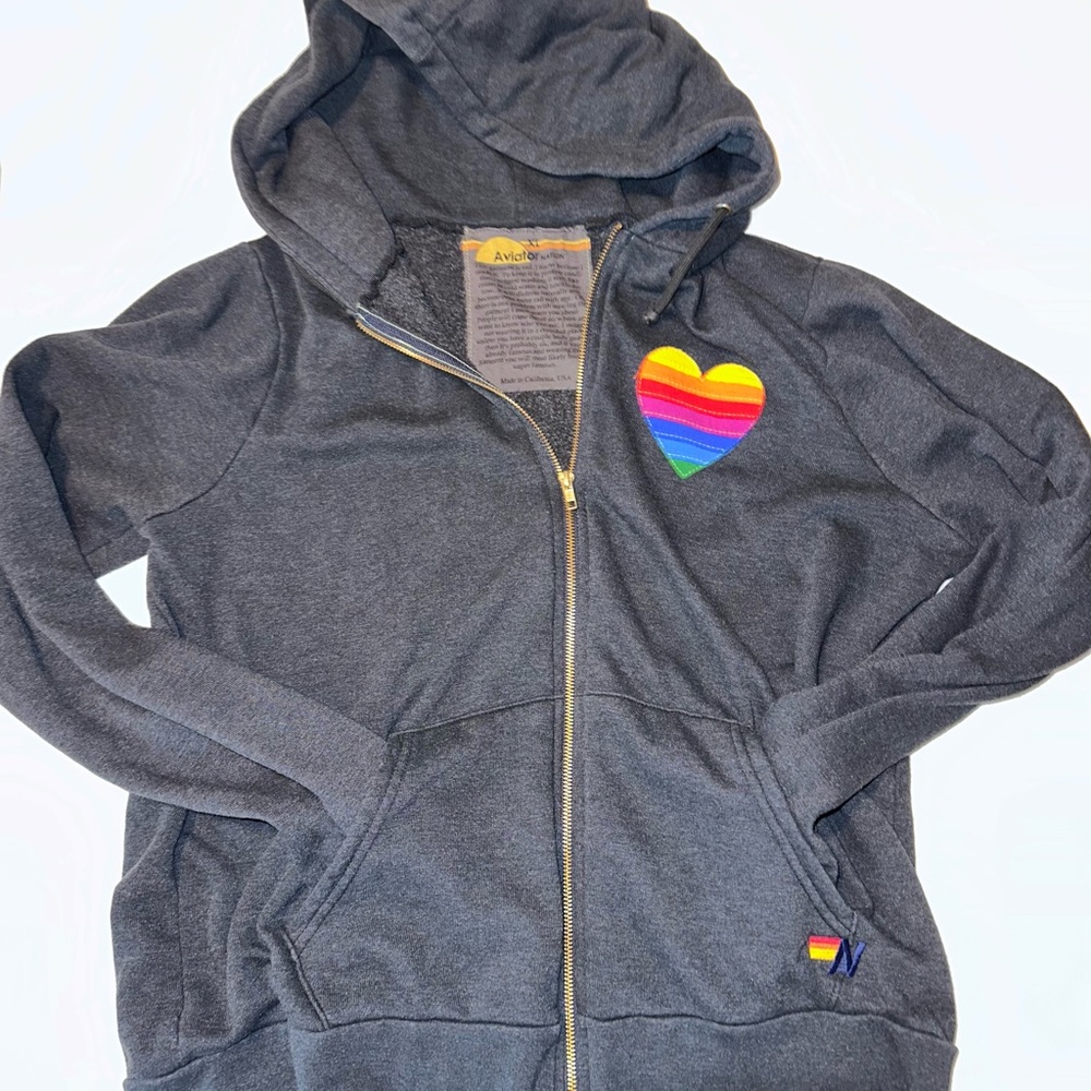Aviator Nation XL Dark Navy Hoodie with Rainbow Heart Patch